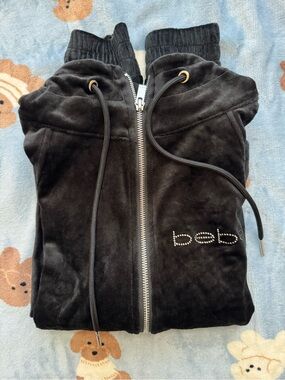 bebe Black Velour Zip Hoodie with Rhinestone Logo
